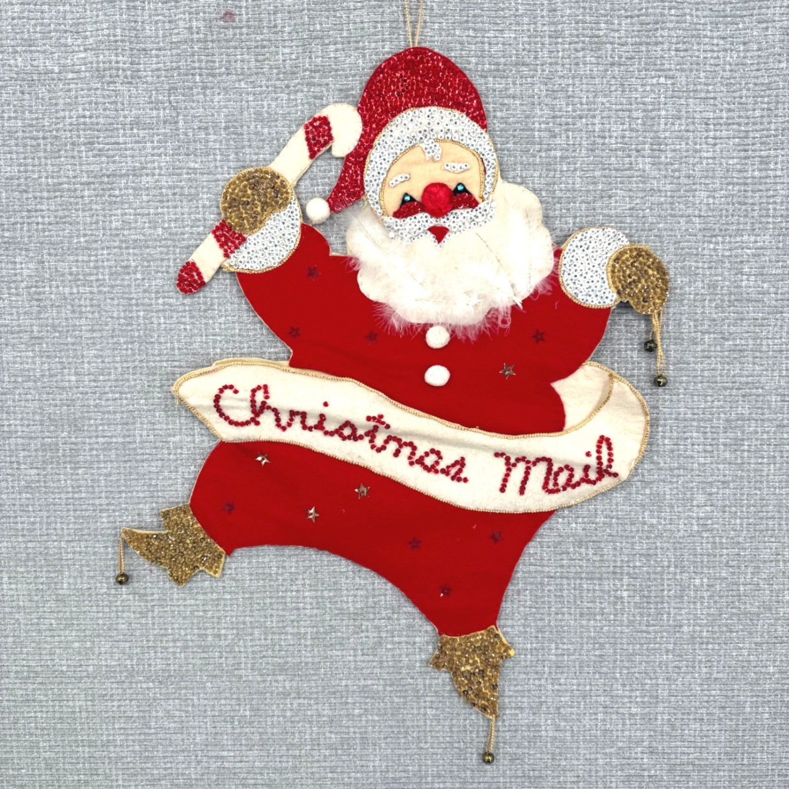 Vtg Bucilla Santa Claus Christmas Mail Wall Hanging 1950\'s Decor Red Felt Sequin