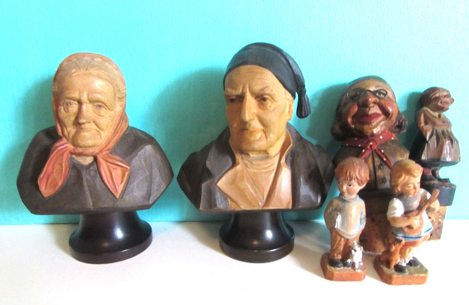 Collection of Carved Wood Figures, Cork Stoppers and Busts