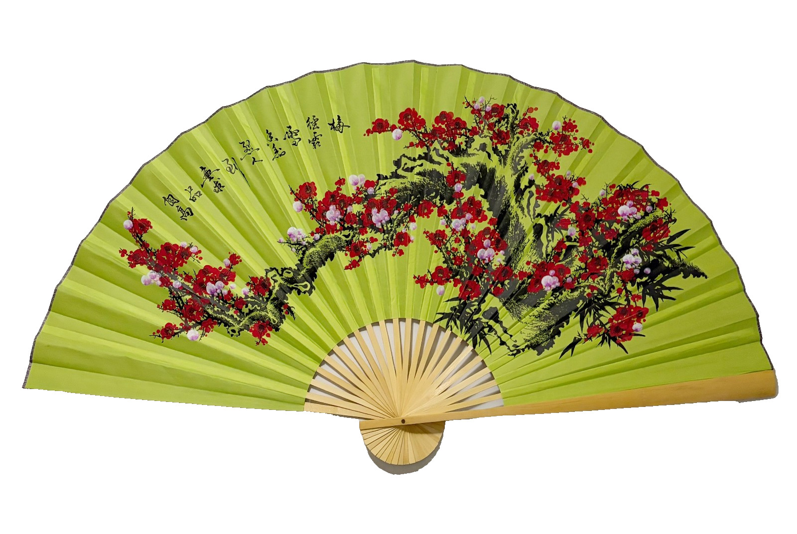 Large 60*35 in Oriental Wall Hanging Folding Fan Plum Flower Design Pink Fabric