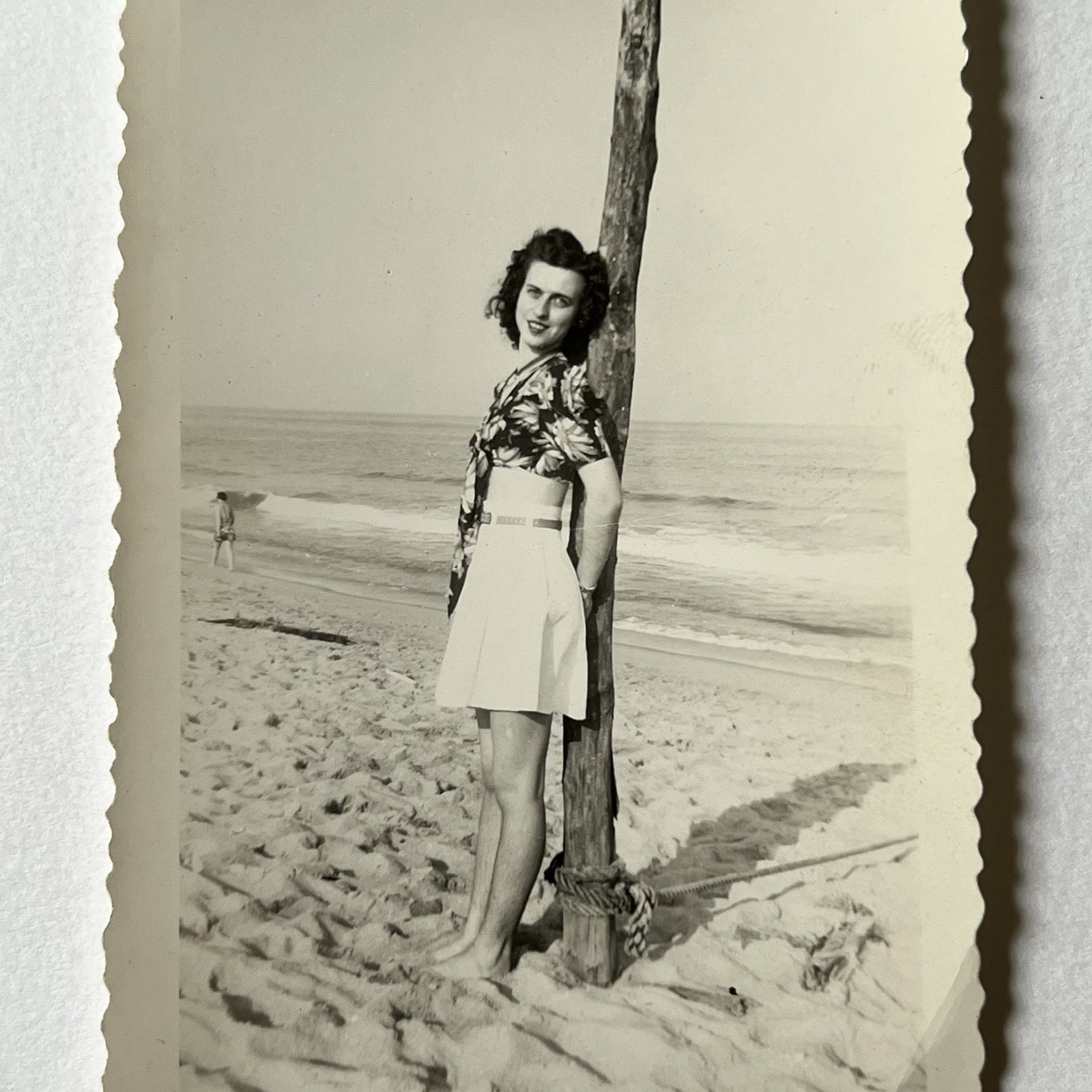 Vintage B&W Snapshot Photograph Beautiful Woman Posing On Beach