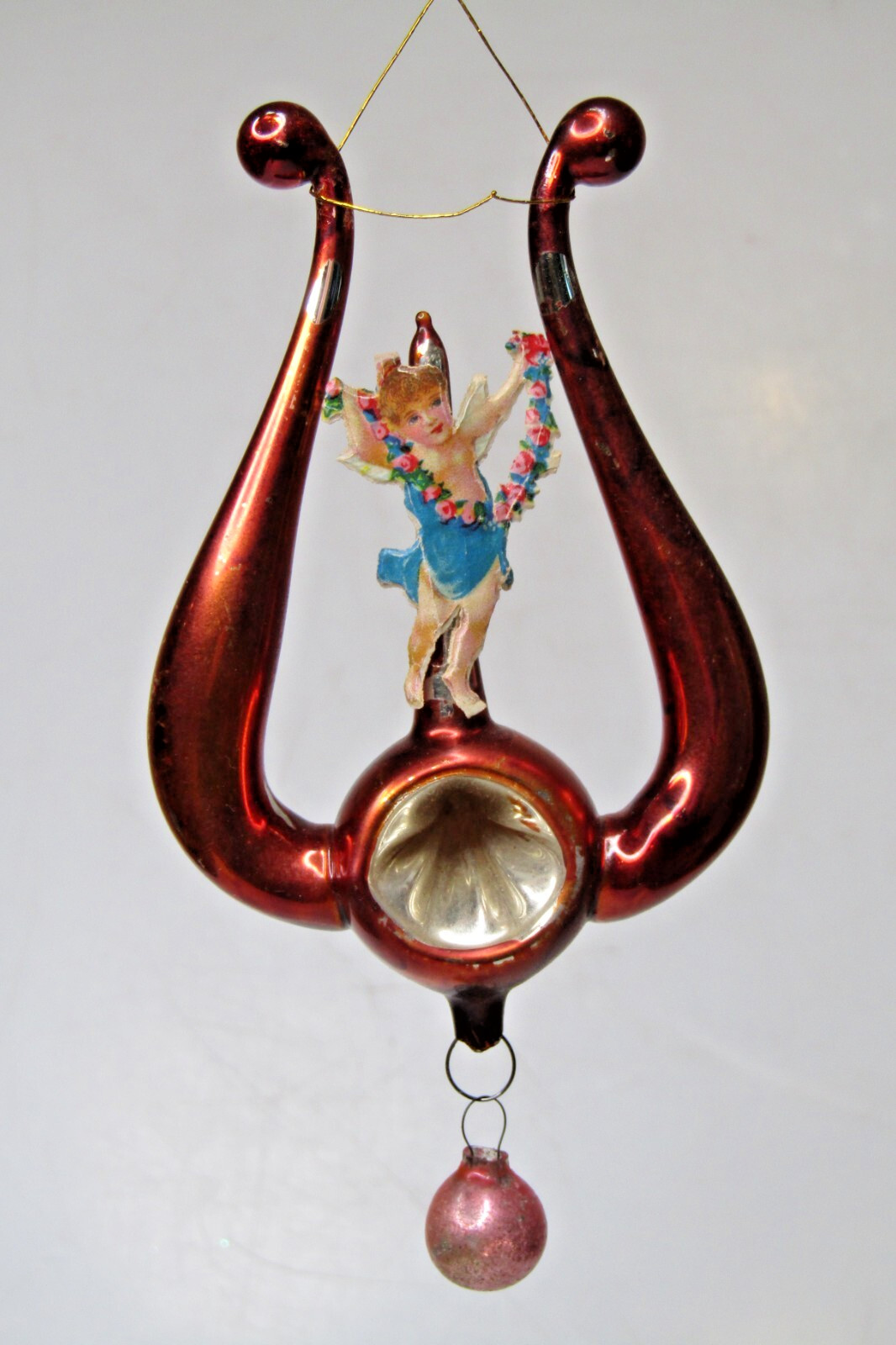 Antique VTG Glass  Indent LIRE HARP w ANGEL GIRL Christmas Ornament Germany