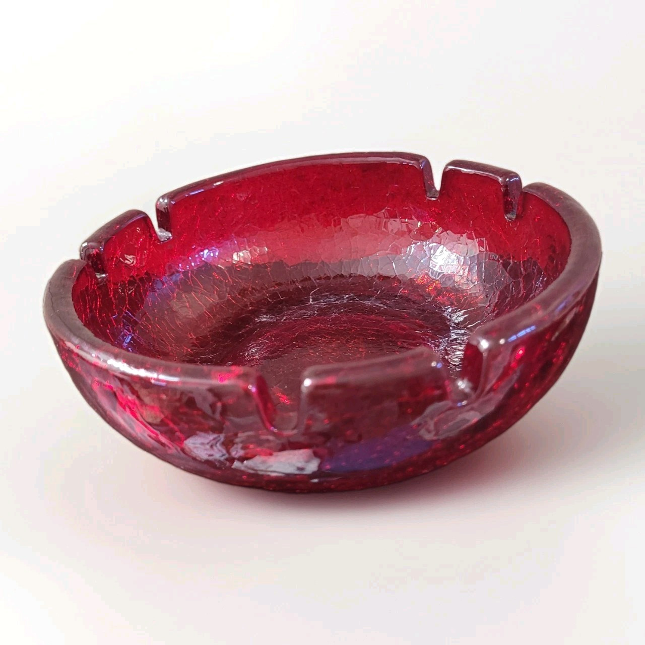 Vintage Mid Century Modern Red Crackle Glass Ashtray / Catchall Dish