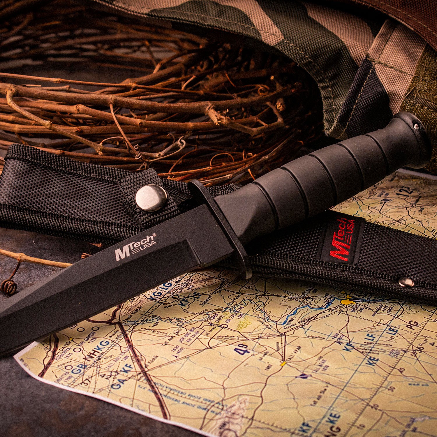 MTech USA Fixed Blade Full Tang Knife-Molded Rubber Handle & Sheath-Tanto Blade