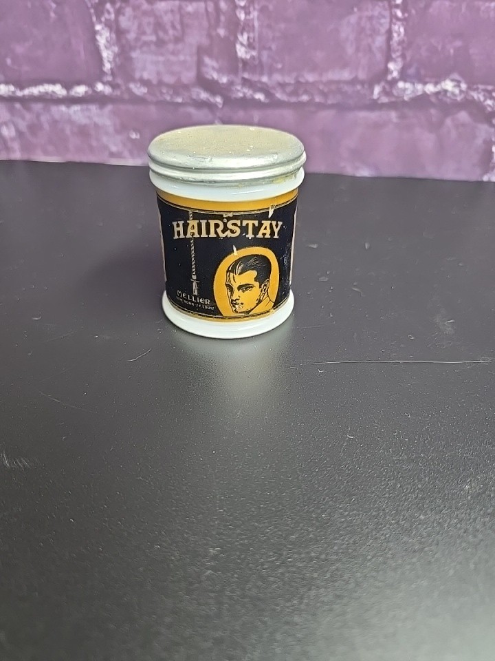 Vintage Mellier\'s Hairstay Milk Glass Barber Jar Advertising White Antique... Vintage Mellier\'s Hairstay Milk Glass Barber Jar Advertising White Antique...