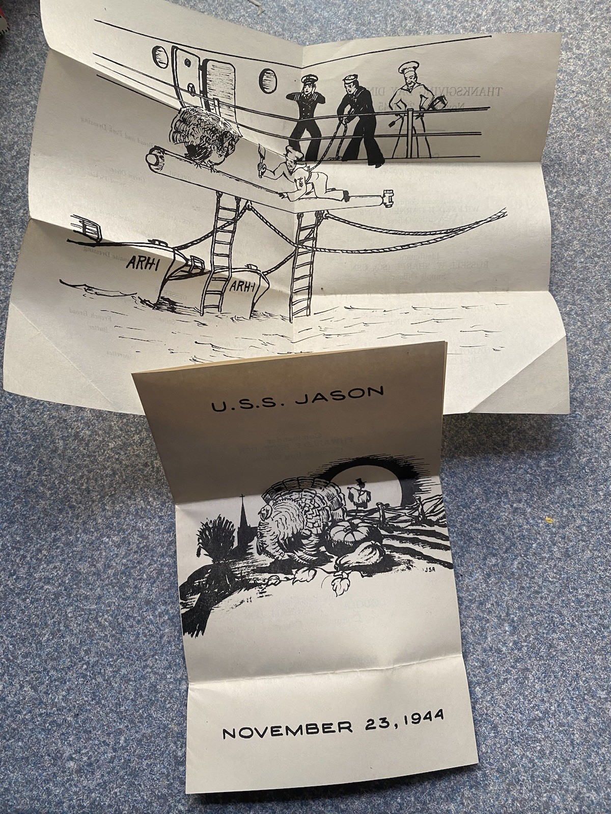 Vtg 1944 & 1945 Thanksgiving Dinner  Menu USS JASON  ARCH-1 Ship Navy USN