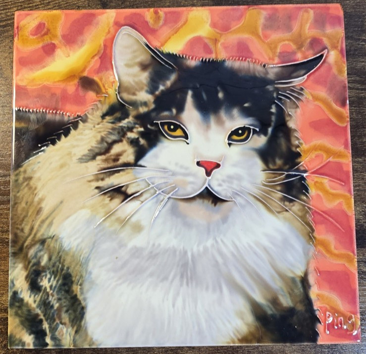 Hand Painted Ceramic Art Tile Calico Cat Signed Ping 7.75\