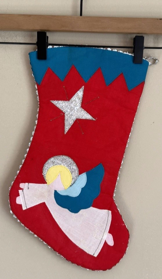 Vintage Christmas Stocking Handmade Applique Vtg MCM Angel Holiday Completed