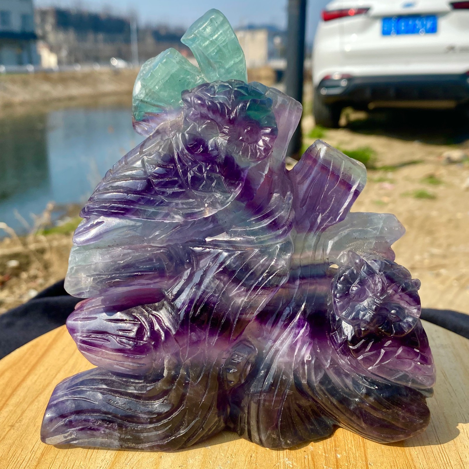 2.31LB Rainbow Fluorite Carved Owl Figurine Spiritual Healing Decor