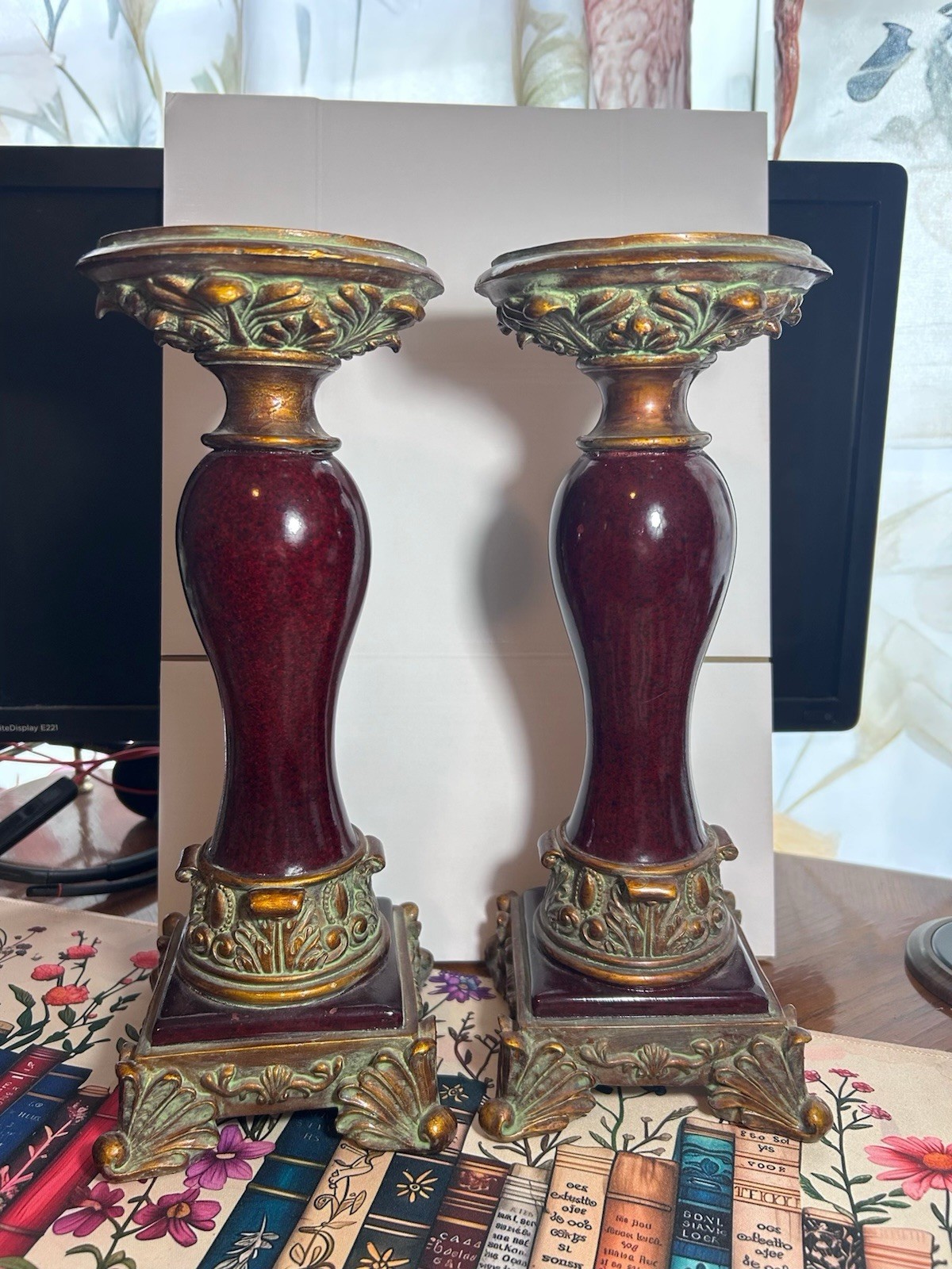 2 Vintage Burgundy Marble & Ornate Brass Neoclassical Deco Pedestal Candleholder