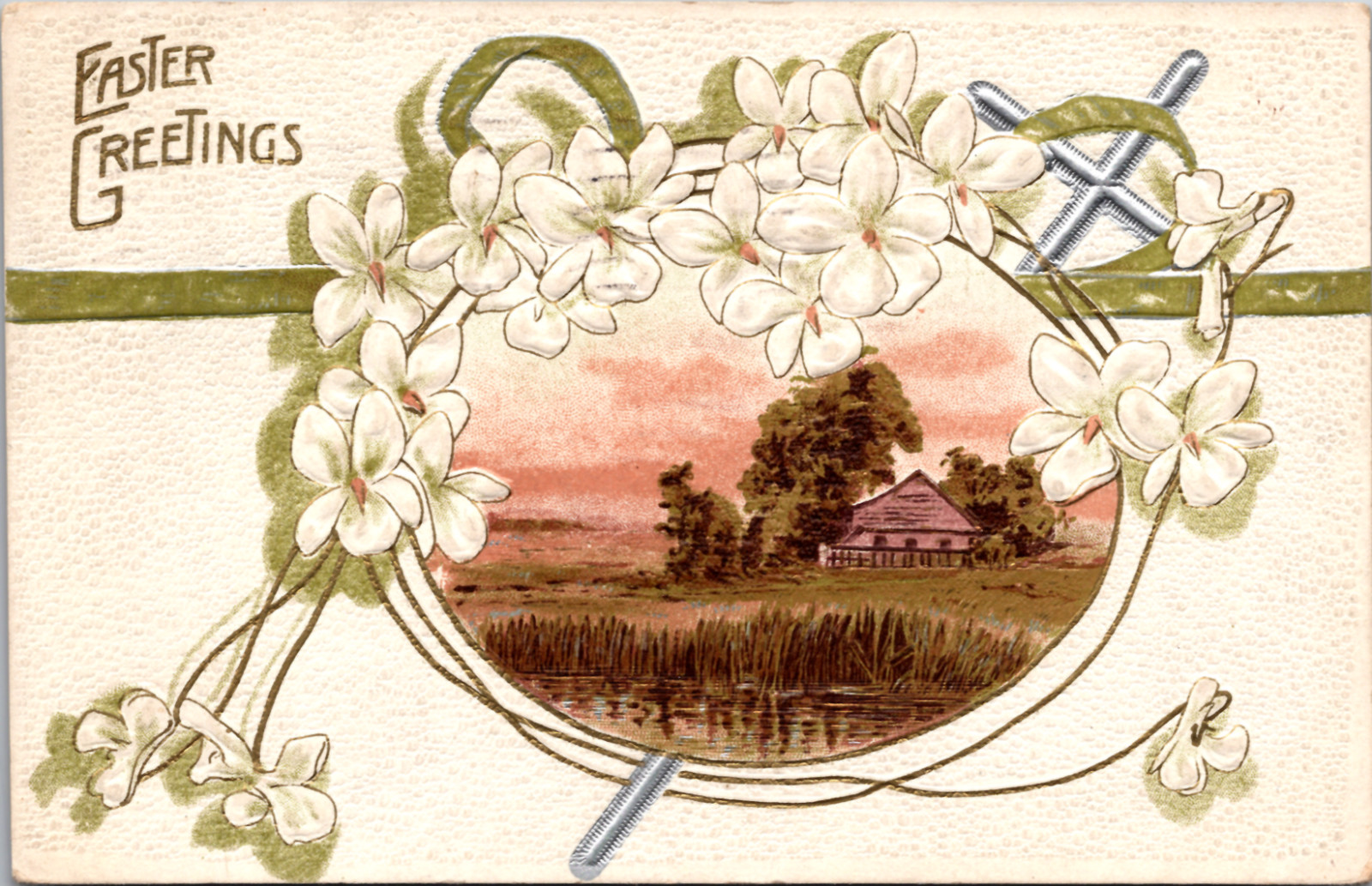 Easter Greetings White Flowers Countryside Home Scene Embosed Postcard