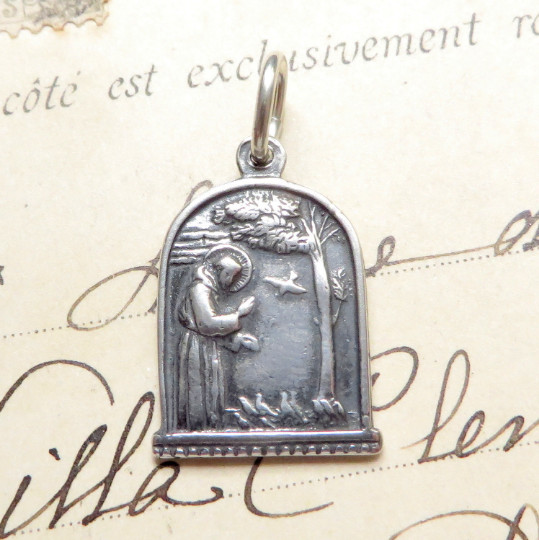 St Francis of Assisi Feeding the Birds Small Medal - Sterling Silver Antique Rep