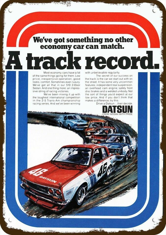 1971 DATSUN 510 Car in 2-5 TRANS AM Race Vntg-Look DECORATIVE REPLICA METAL SIGN 1971 DATSUN 510 Car in 2-5 TRANS AM Race Vntg-Look DECORATIVE REPLICA METAL SIGN