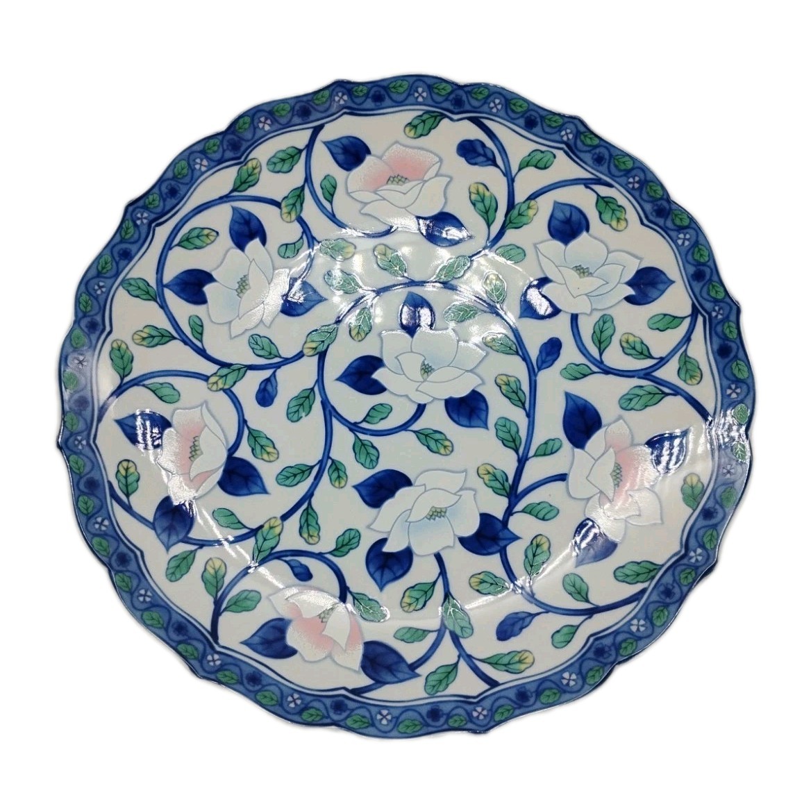 Vintage Japanese Arita Kanzan Maebata Porcelain Plate -White Camellia &Blue Vine