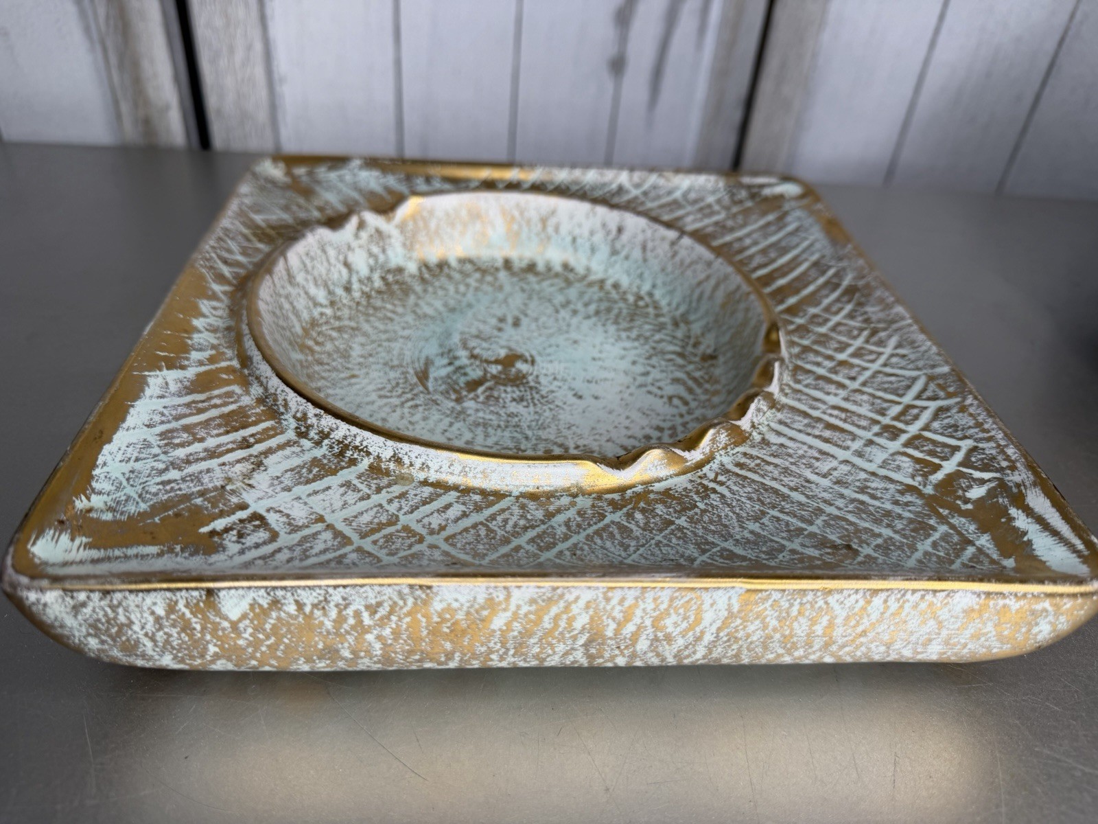VTG Mid Century STANGL POTTERY Ashtray Mint Green Gold Trinket Tray Decor