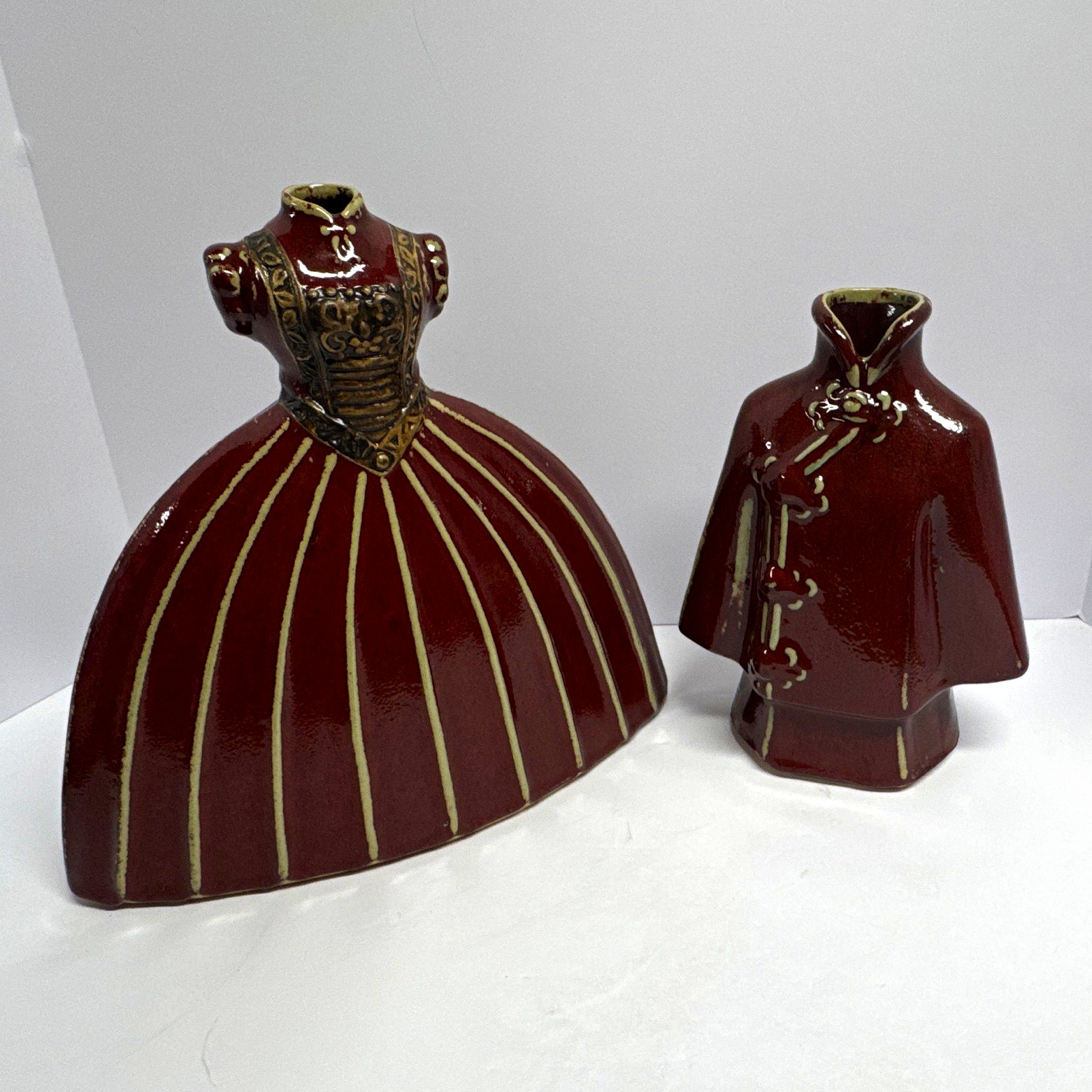 Vintage Burgundy Ceramic Dress Vases Set Victorian Gown & Mandarin Jacket Decor