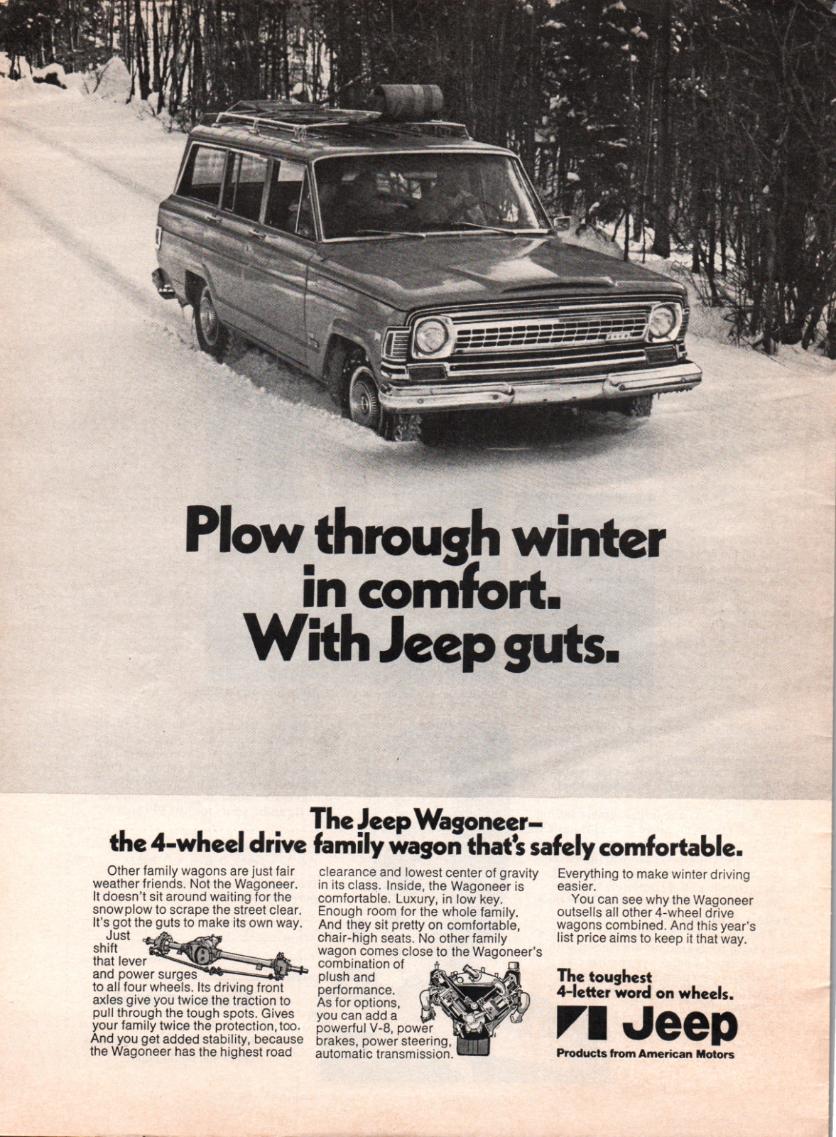 1971 Jeep Wagoneer Winter Forest Drive Vintage Black and White Auto Car Print Ad