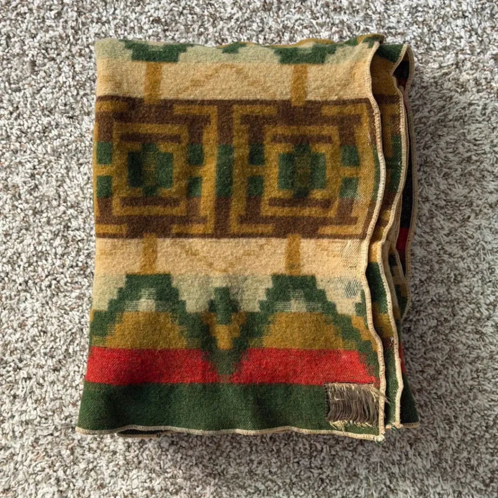 Vintage 40s Southwestern Jacquard Wool Camp Blanket Aztec Geometric 67x50