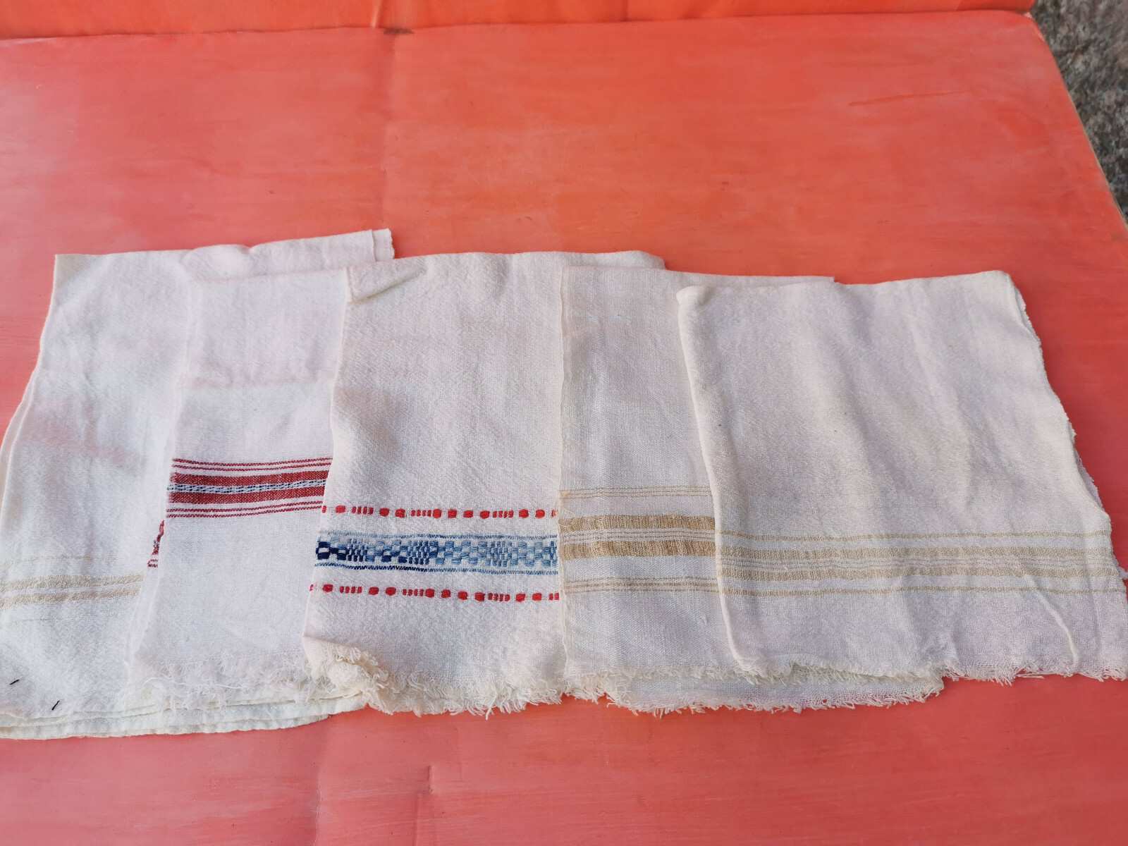 OLD ANTIQUES PRIMITIVE HAND WOOVEN HOMESPUN TOWELS COTTON - LOT OF 5
