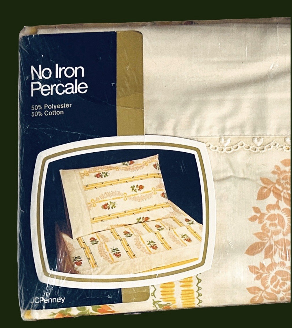 Vintage Queen Flat Sheet JC Penney Rose Ribbon Bow Embroidered Hearts Floral NOS