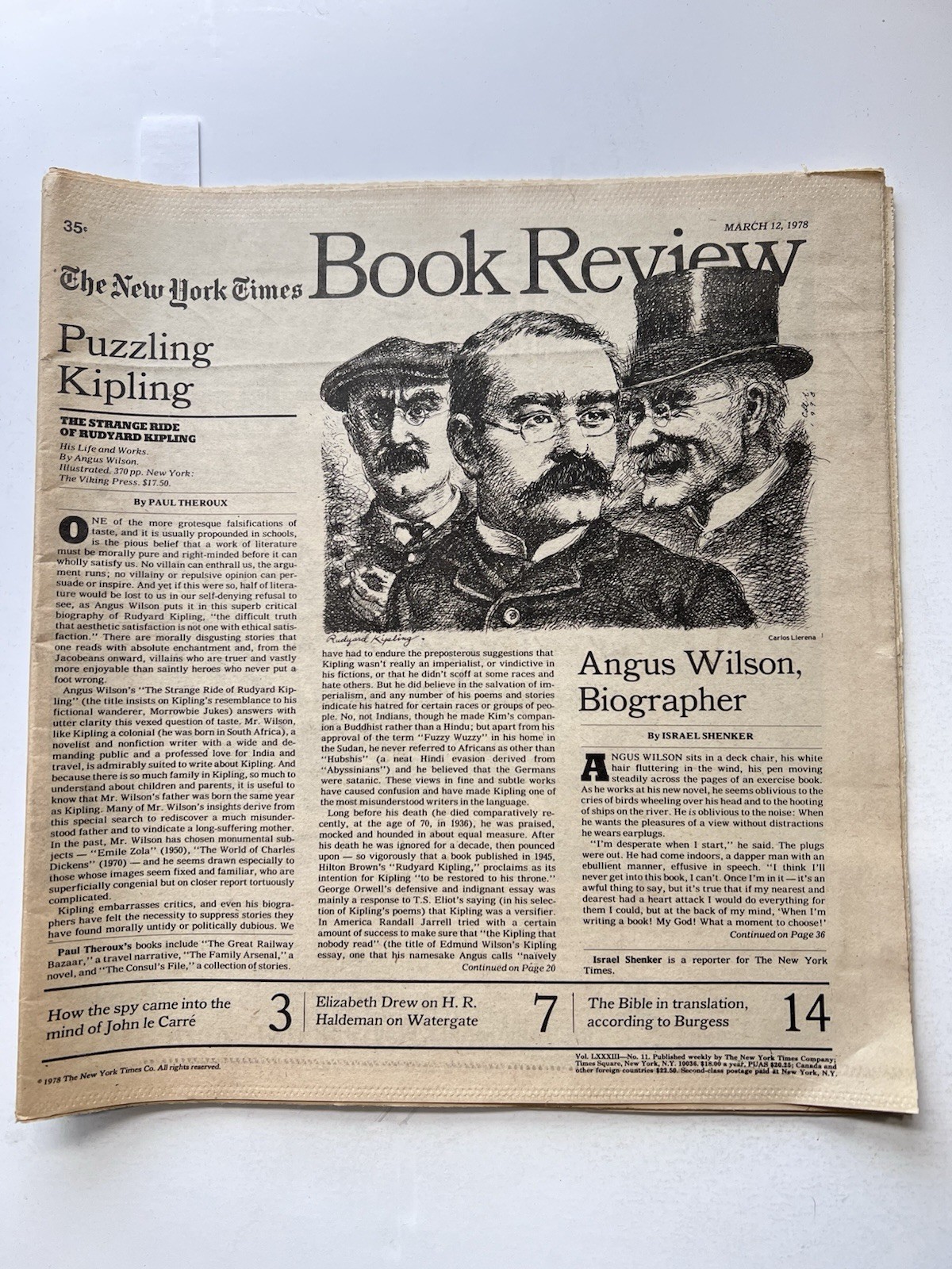 VTG 1978 New York Times Book Review News - Rudyard Kipling Cover Art Mar 12 NYT