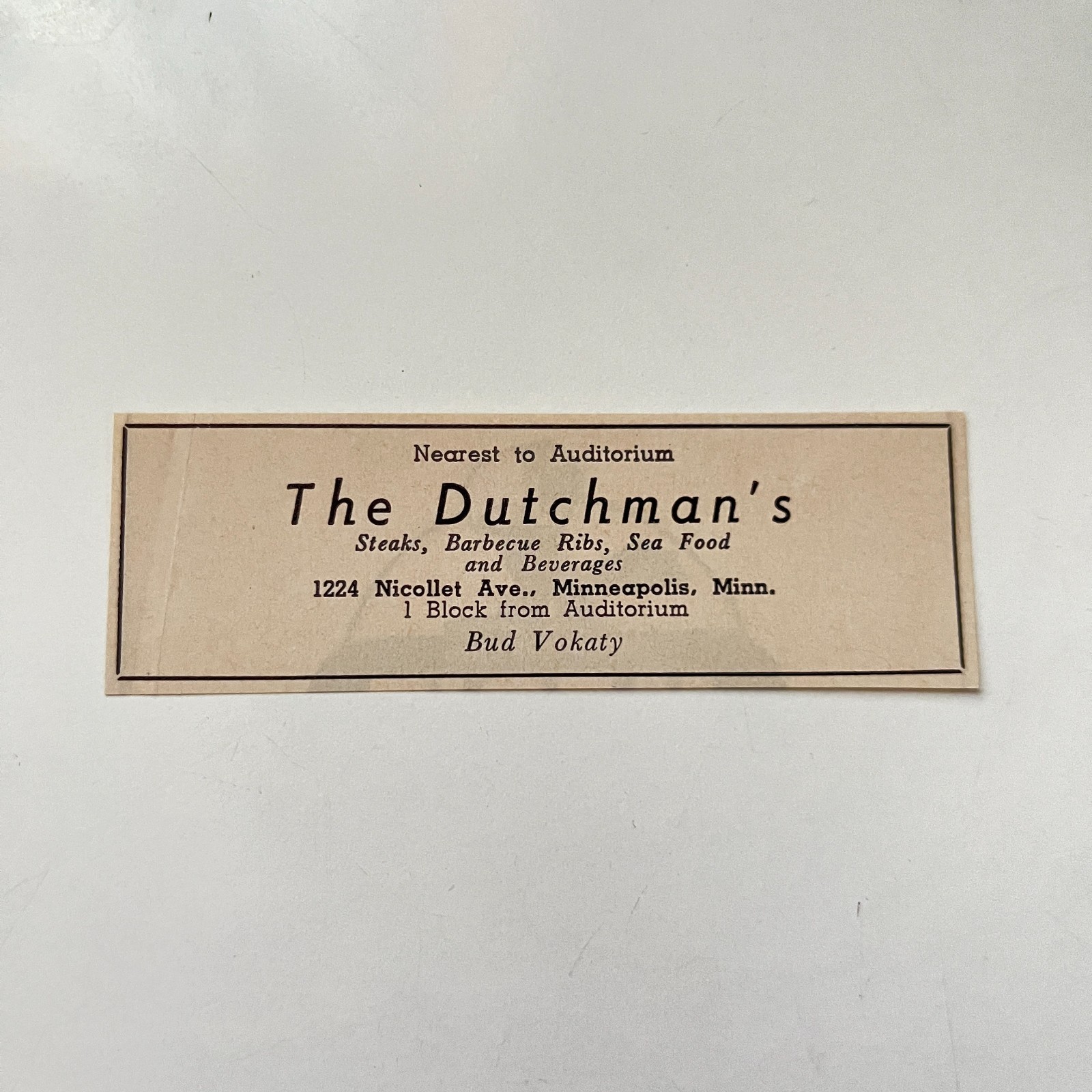 The Dutchman\'s Steaks Barbecue Ribs Bud Vokaty 1957 Minneapolis Ad TAK5-S9 The Dutchman\'s Steaks Barbecue Ribs Bud Vokaty 1957 Minneapolis Ad TAK5-S9