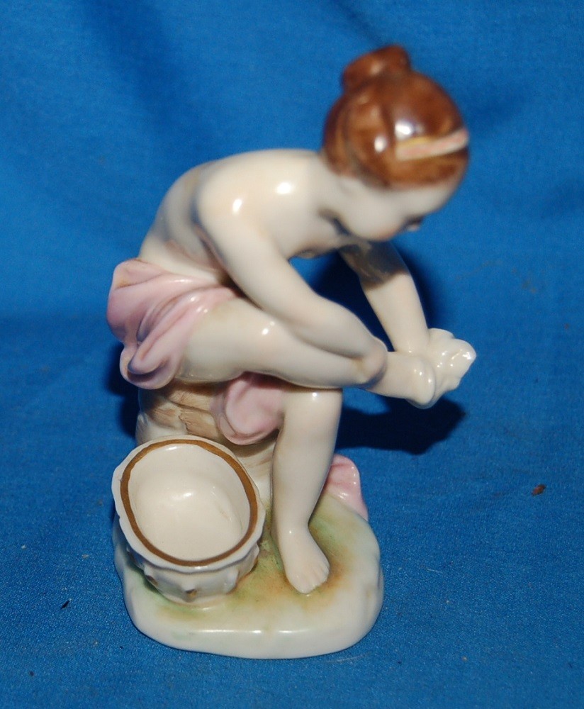 Vintage Höchst Porcelain Figurine Footbather Girl Child Germany Blue Wheel Mark