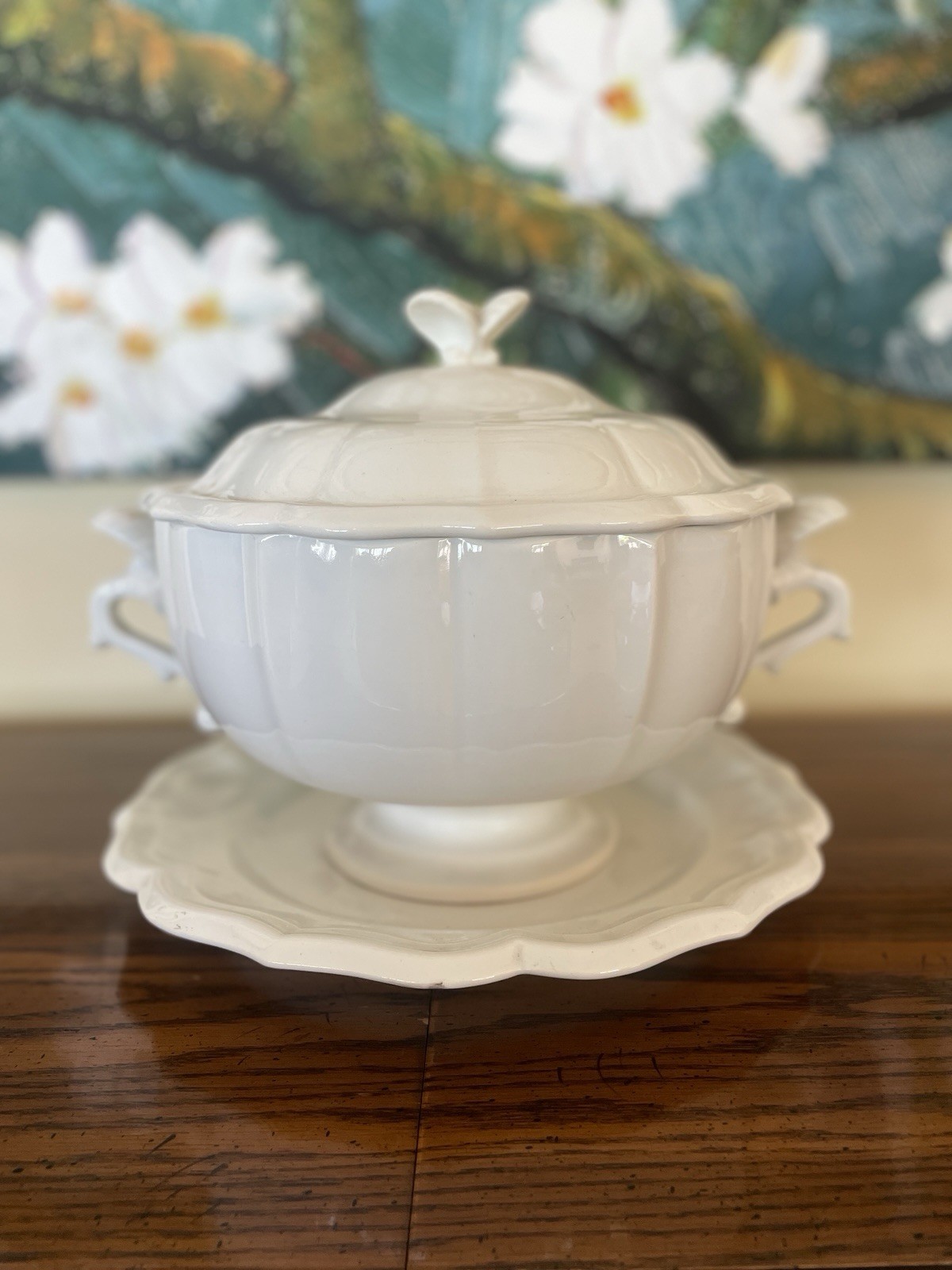 Vintage Gien White Ceramic French Tureen with Serving Dish Made In France Vintage Gien White Ceramic French Tureen with Serving Dish Made In France