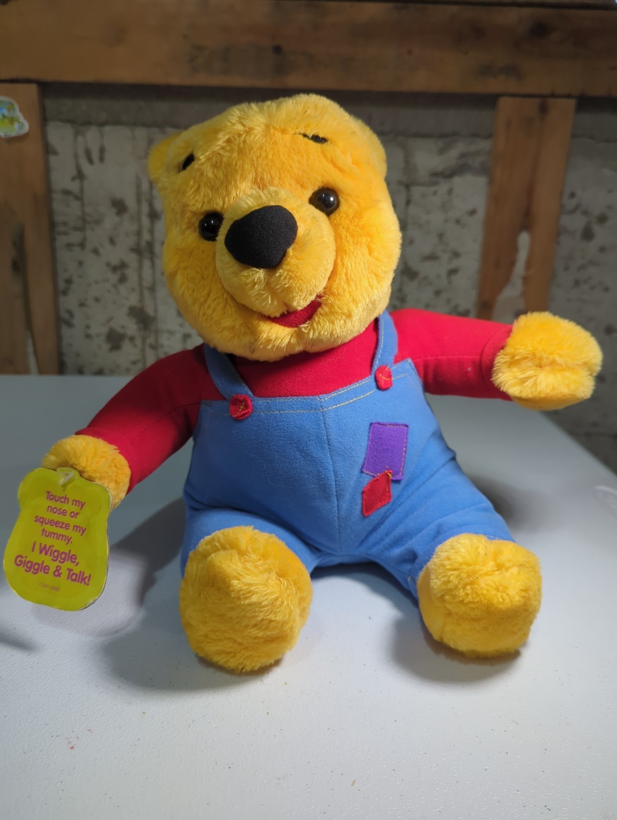 Vintage 1997 Winnie The Pooh Talking Plush Bear  Blue Overalls  Red Shirt Works