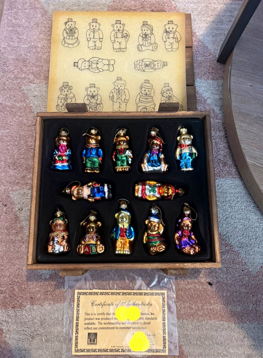 Thomas Pacconi Classics 2002 Hand Painted Glass Teddy Bear Ornaments 12pc Box