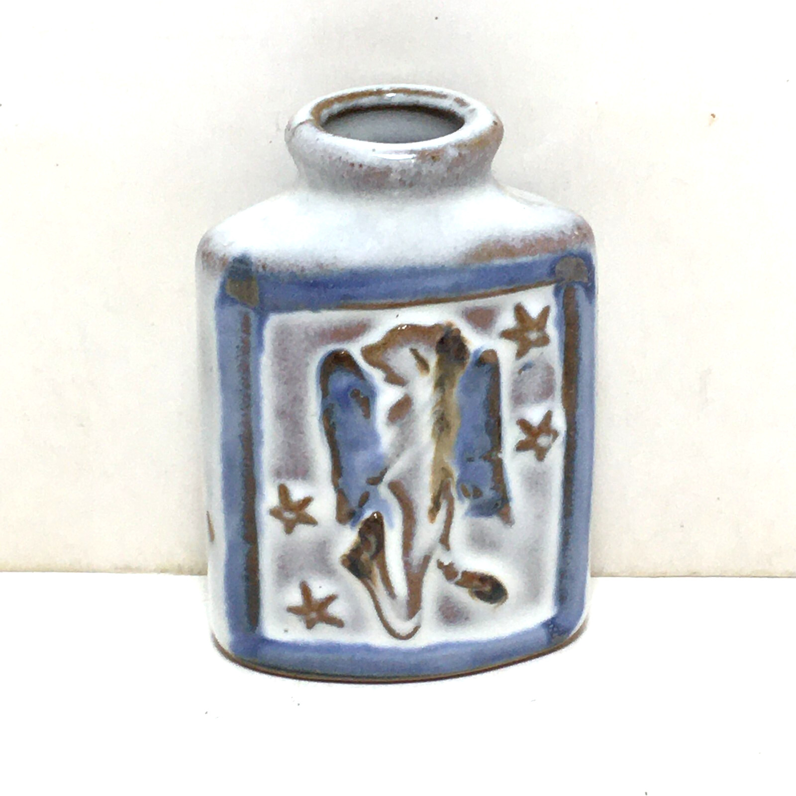 Mini small stoneware bud vase stars and angel(?) Vintage