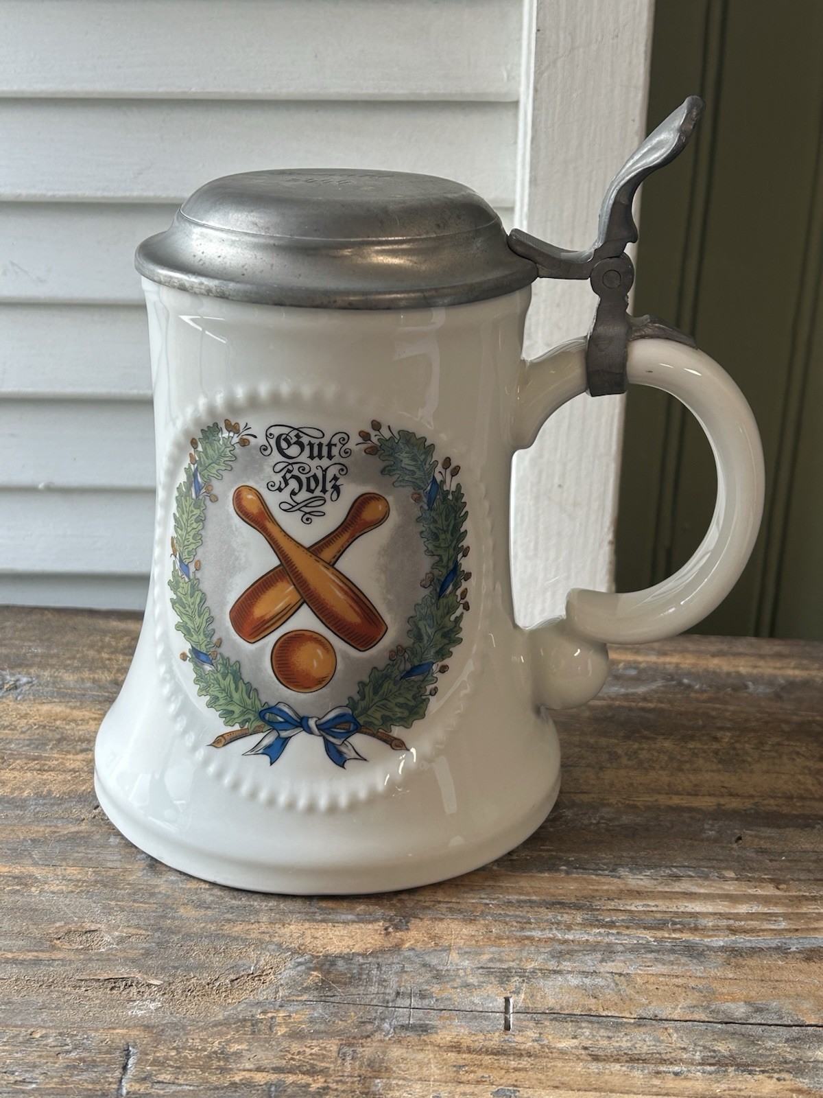 Vintage Dr Merkle Atelier German Porcelain Beer Stein Gut Holz Bowling Vintage Dr Merkle Atelier German Porcelain Beer Stein Gut Holz Bowling