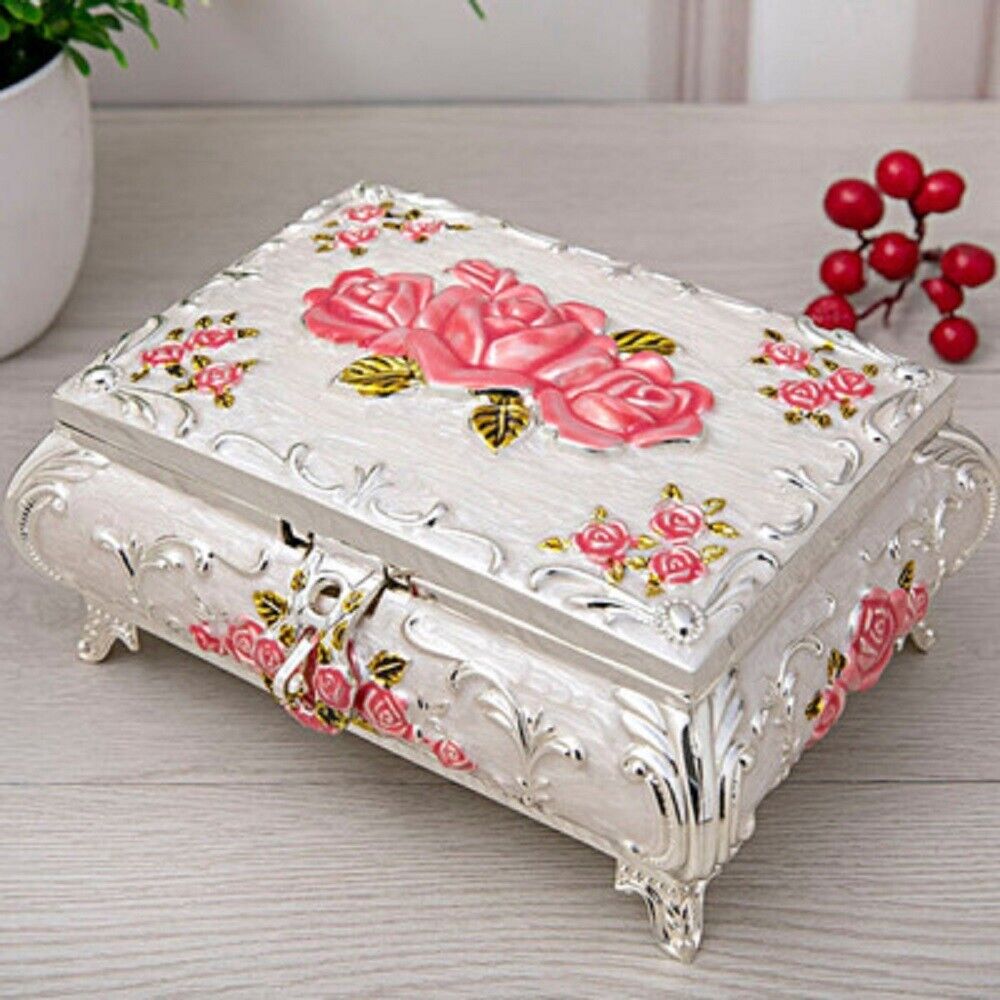 WHITE TIN ALLOY RECTANGLE SHAPE  PINK  ROSES  MUSIC BOX :  ANNIE'S SONG