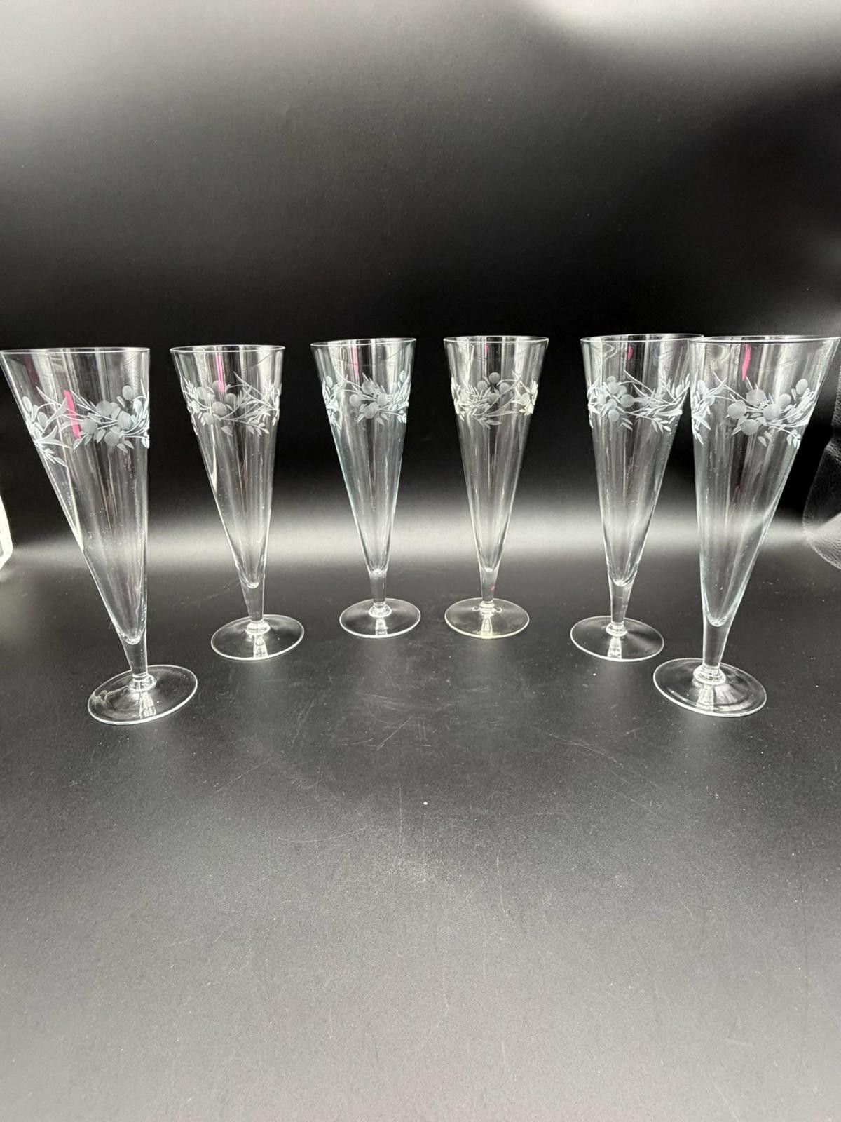 Vintage Etched Crystal Pilsner Glasses Floral Stemware Set of 6