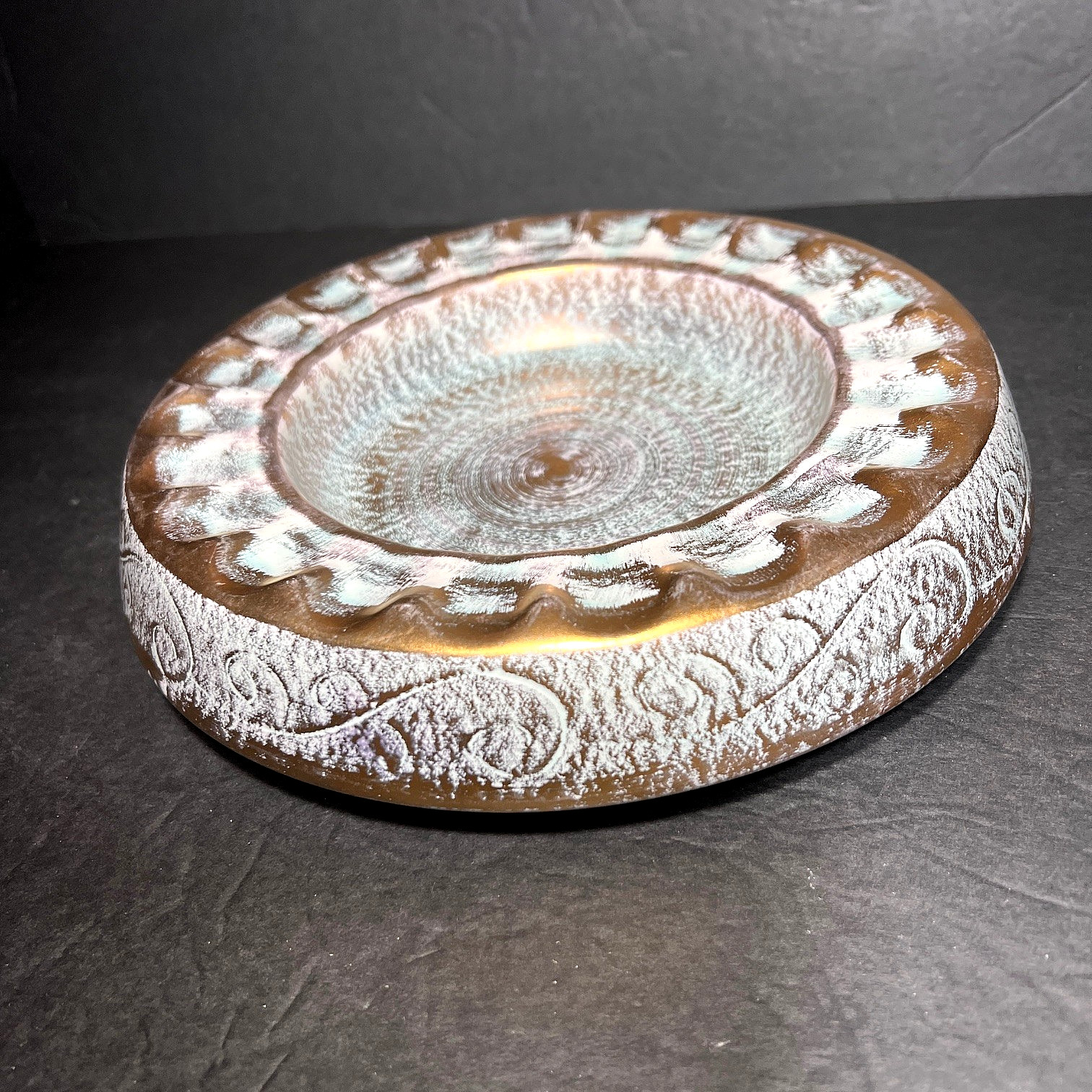 Vintage Stangl Pottery Teal & Gold Glaze Ashtray Trinket Dish 9.25