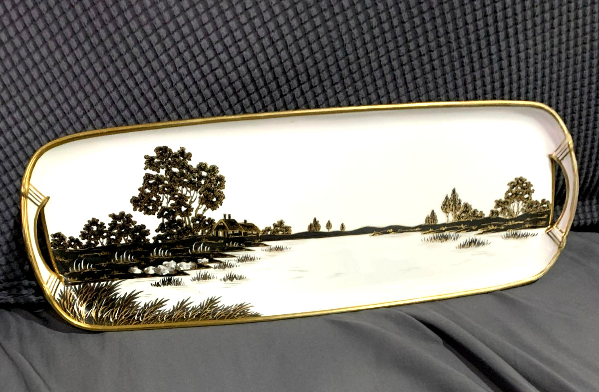 Nippon Morimura Brothers HP Black Gold Country Scene Sandwich Tray 18x6\