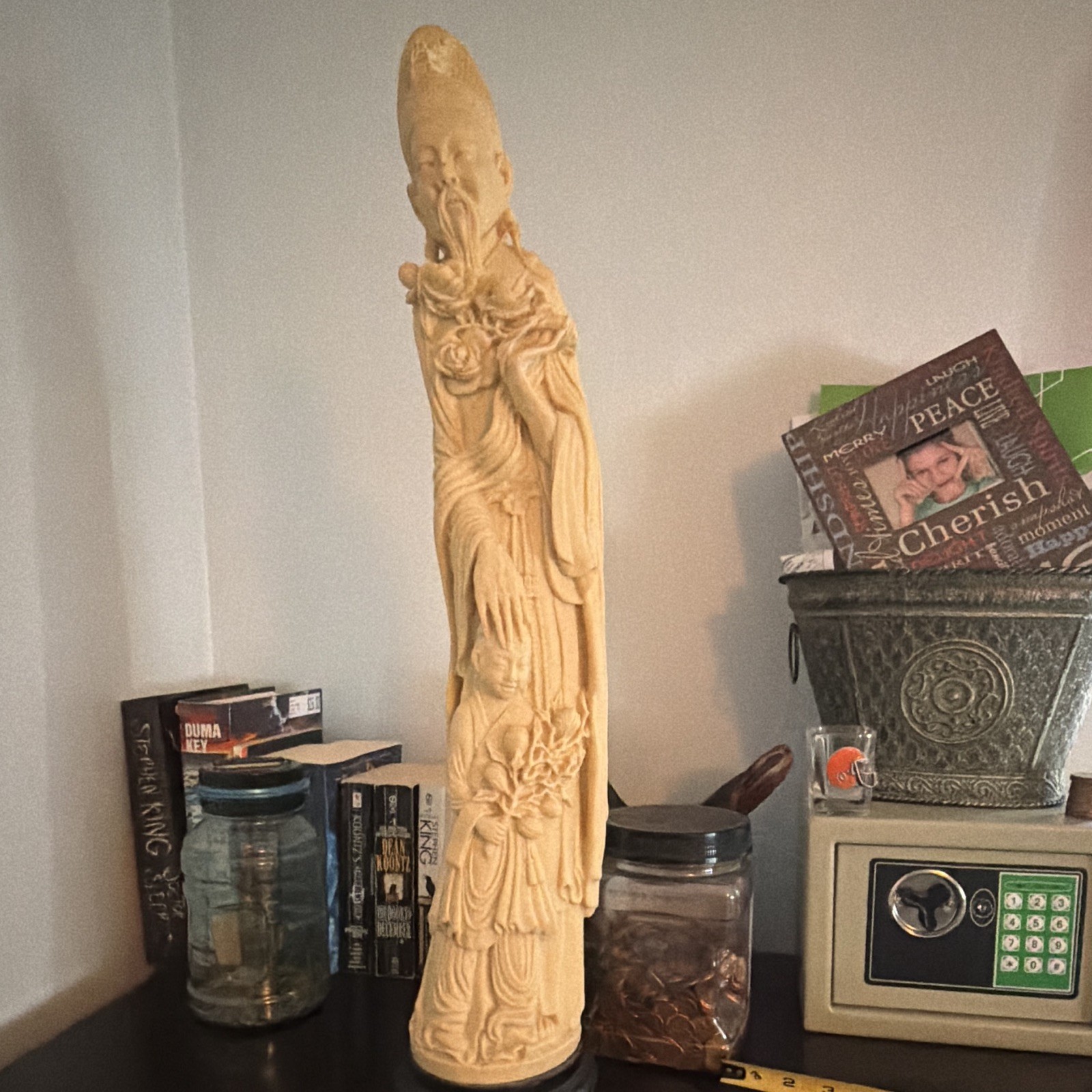 Vintage Faux Ivory statue Shen Xing ( God of Longevity) heavy 13 pounds 2’ tall.