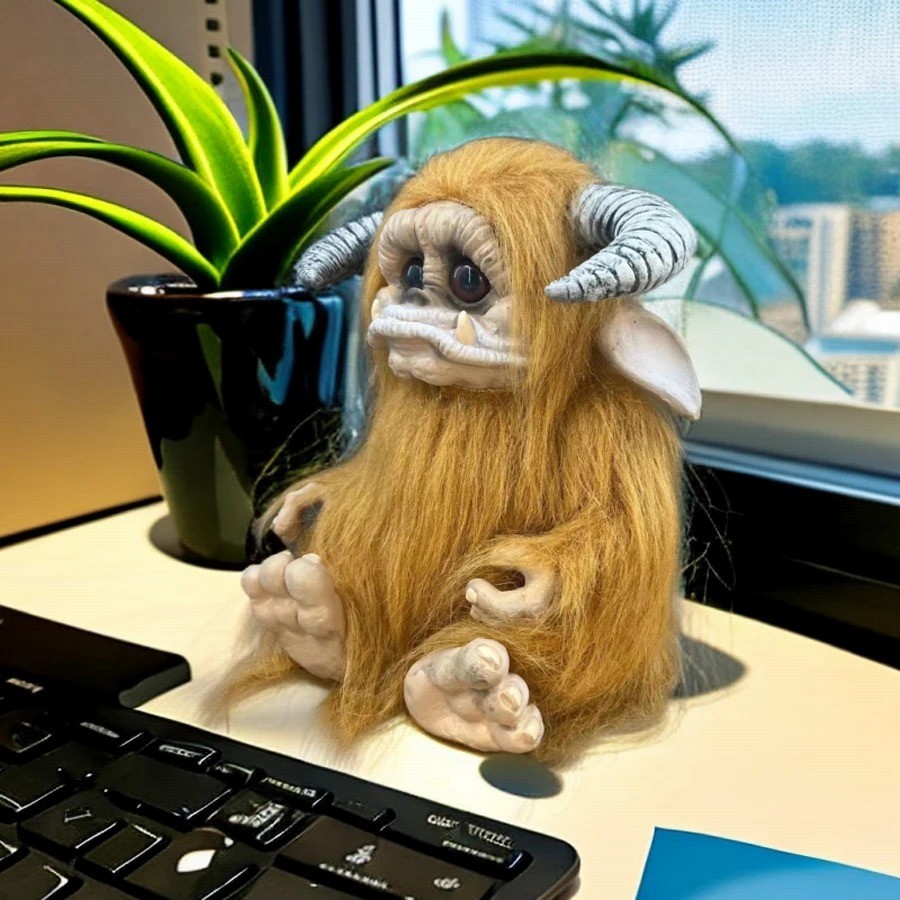 Brown Furry Monster Latex Doll Large Mouth Creepy Figurine Home Office Desk Deco