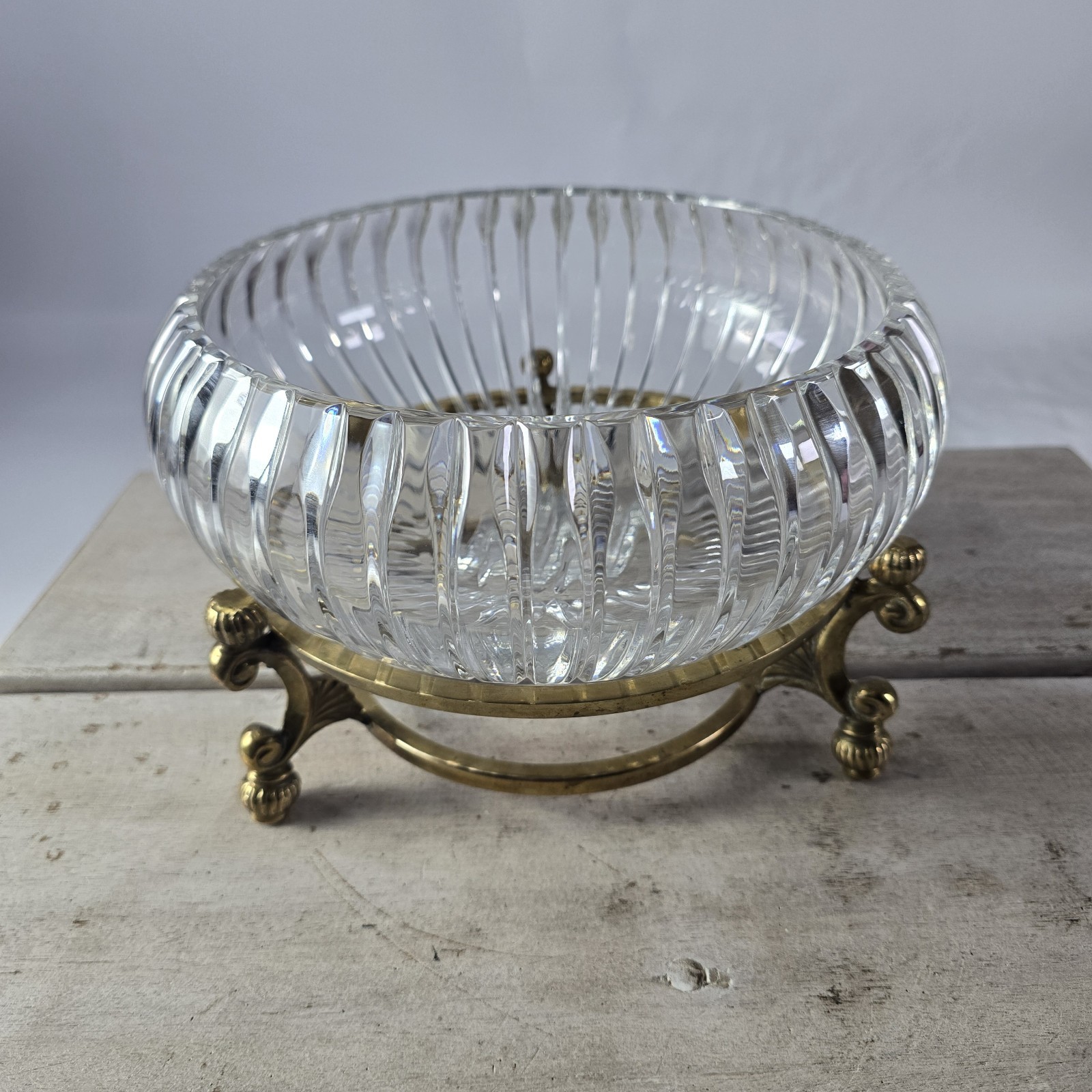 VTG French? Crystal ribbed Bowl W/ Solid Brass Stand Centerpiece Fruit Bowl