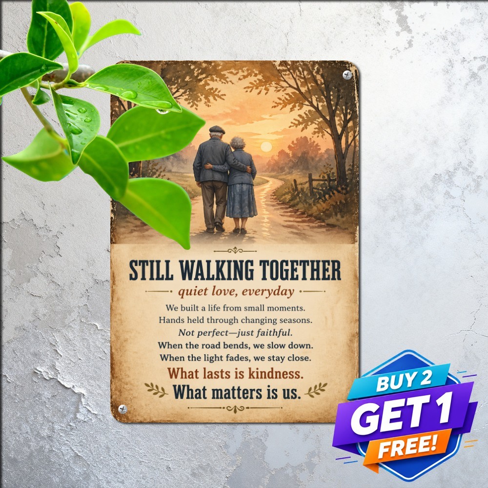 Elderly Couple Walking Into Sunset Romance Metal Tin Sign Loving Home Art