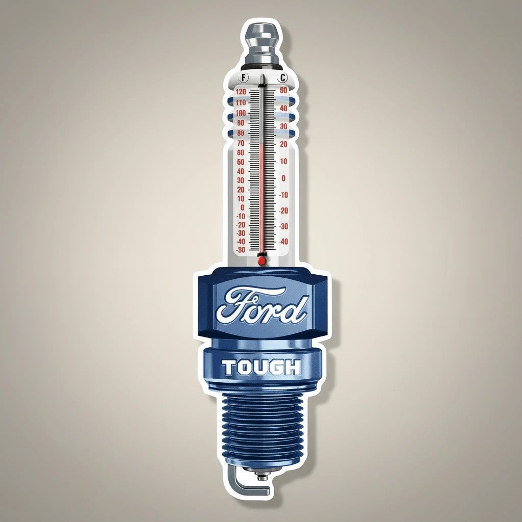 Ford Tough Spark Plug Embossed Metal Thermometer