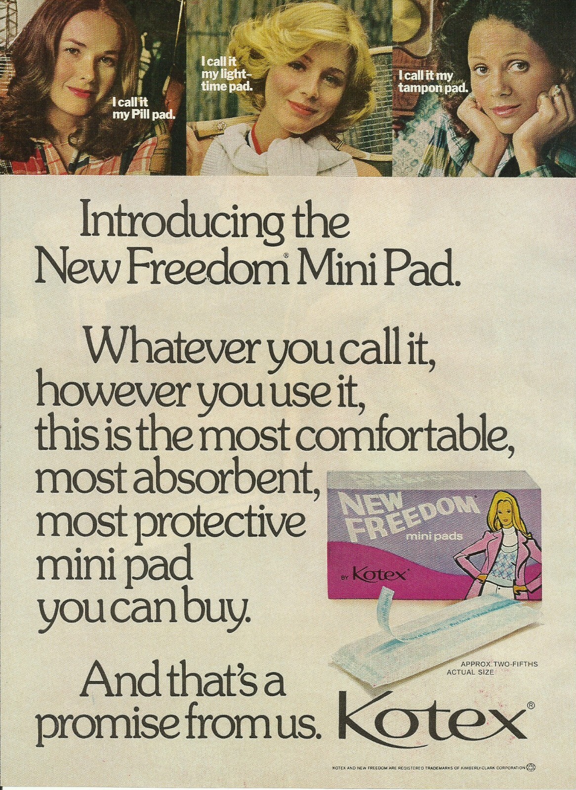 1974 Kotex New Freedom Mini Pad vintage print ad 70\'s advertisement