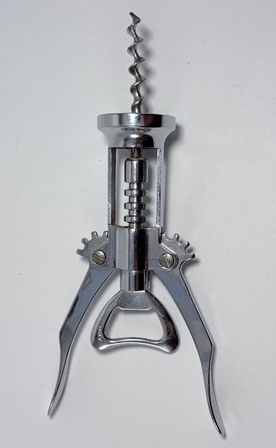 Vintage Corkscrew Bottle Opener Winged “Italy” Chrome Double Lever Barware 6.5”