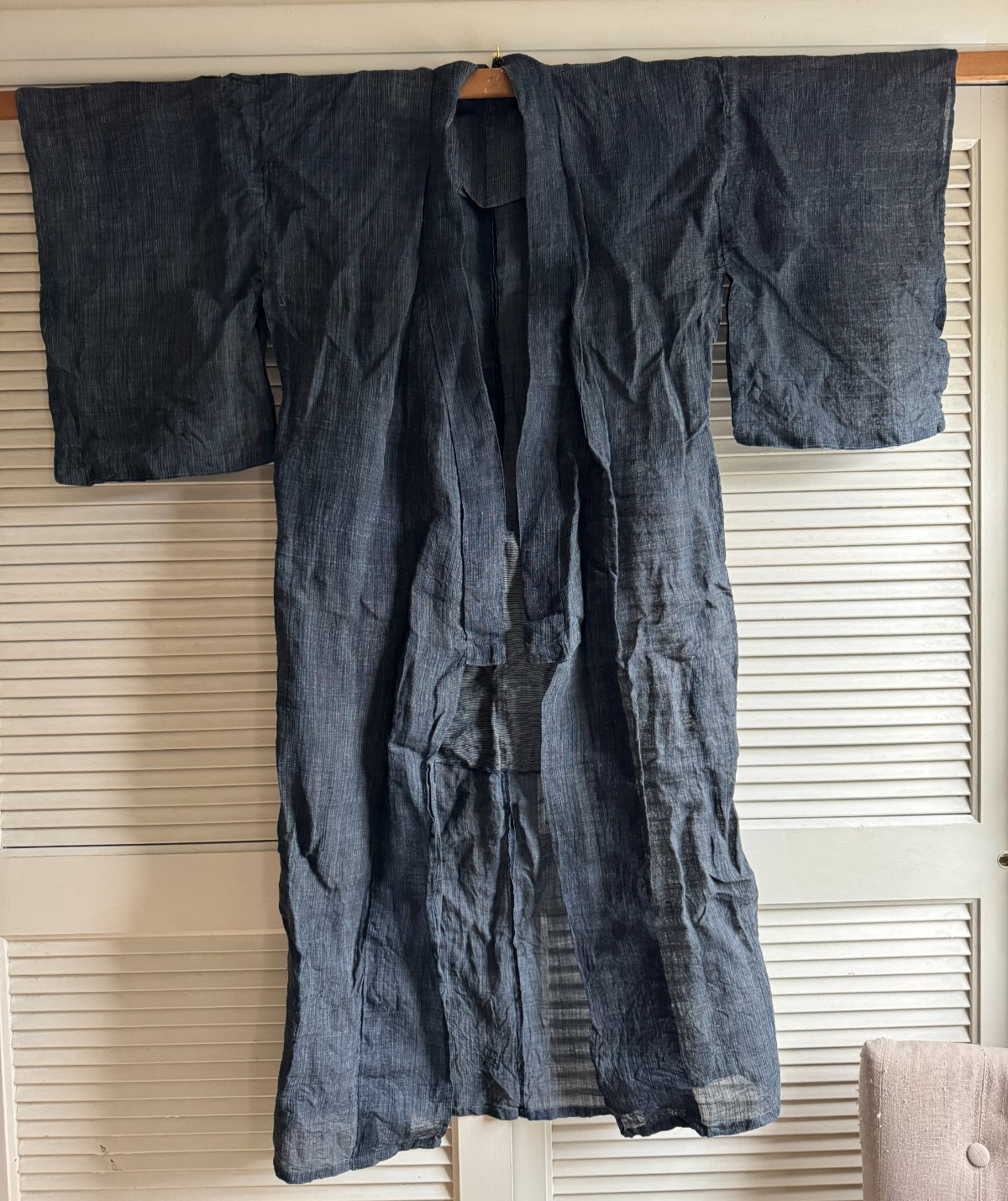 Japanese Indigo-Dyed Hemp Kimono Robe, Vintage, Antique, Boro, Workwear Japanese Indigo-Dyed Hemp Kimono Robe, Vintage, Antique, Boro, Workwear