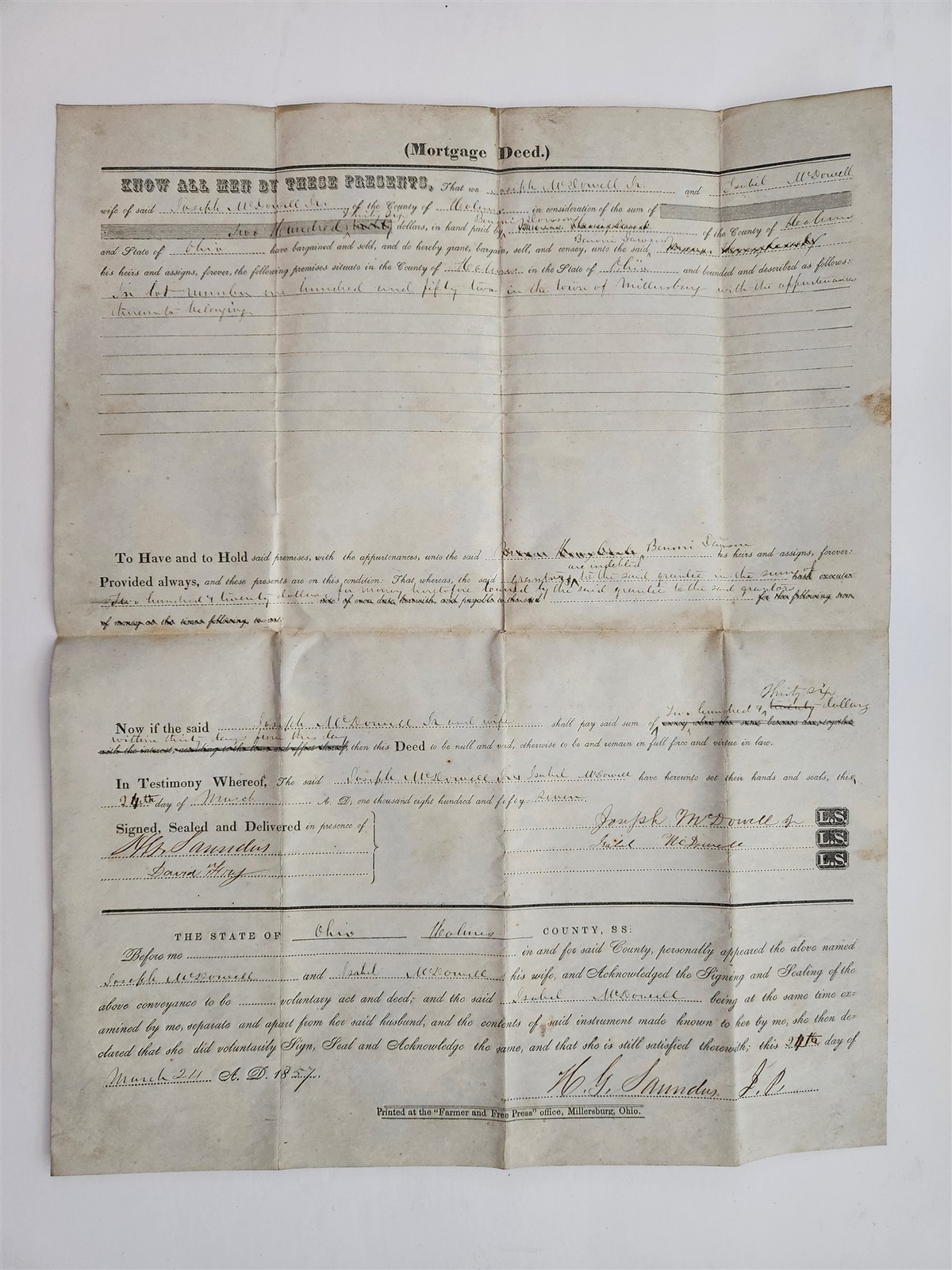 1857 antique MORTGAGE DEED holmes co oh Joseph & Isabel MCDOWELL