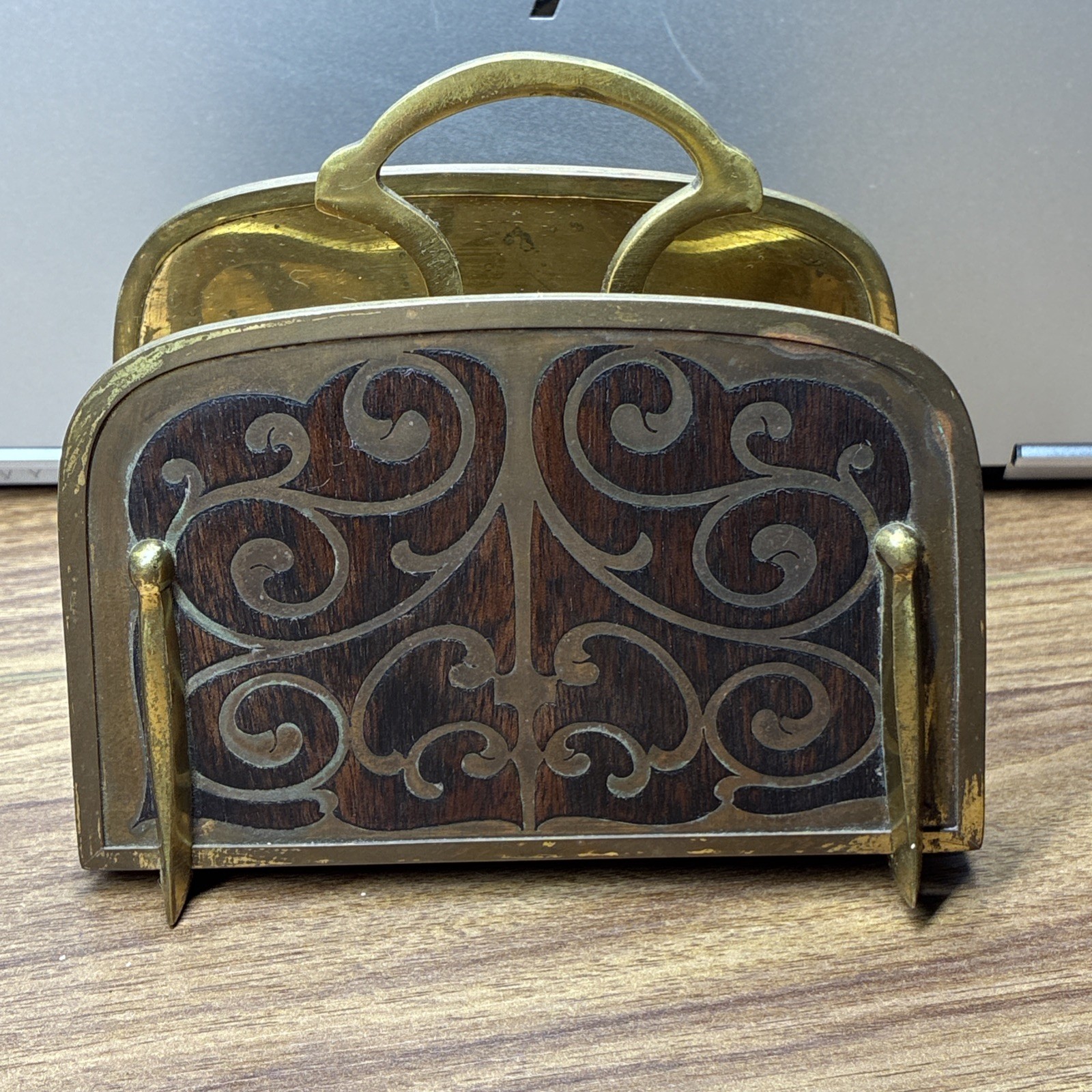 Erhard & Sohne Letter Rack Holder Nouveau Brass Rosewood Inlay Germany RARE