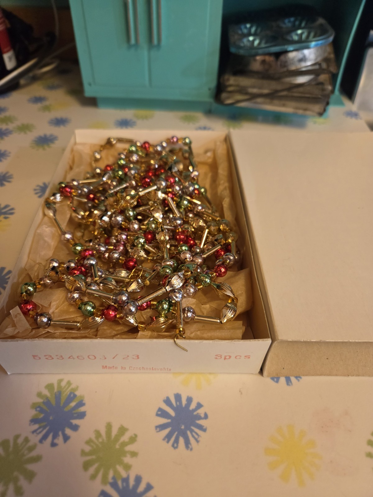 Vintage 1950\'s Czech Glass Bugle Bead Christmas Garland Lot 5 Strands W Box MCM