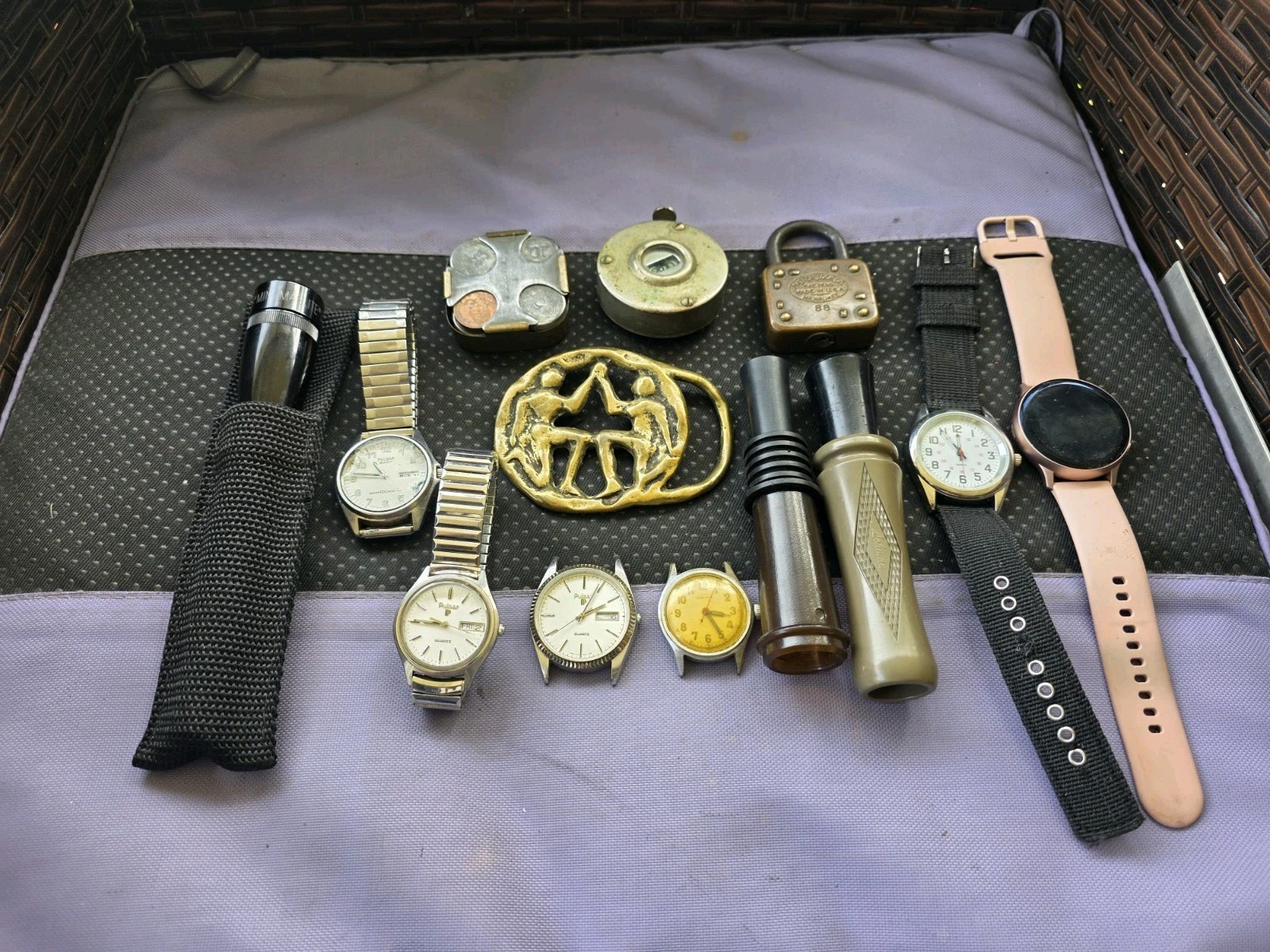 Grandpas Junk Drawer Lot, miscellaneous items, watches, Buckles etc Pre Owned D7