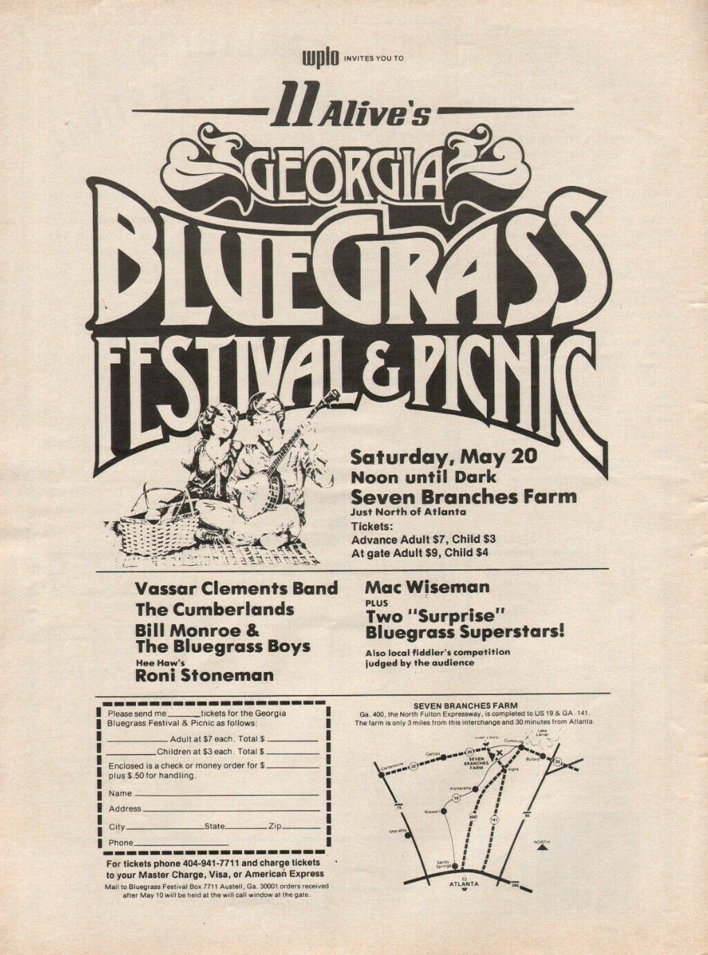 1978 Seven Branches Farm GA Bluegrass Festival / Bill Monroe, WPLO - Vintage Ad