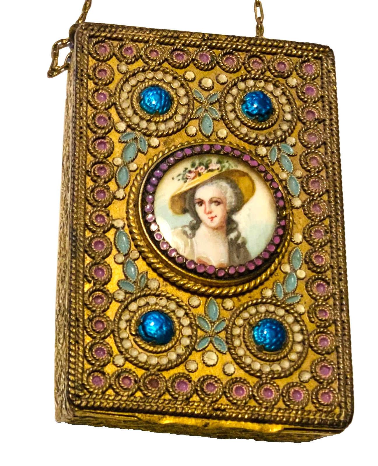 MAGNIFICENT Antique FRENCH Jeweled *ENAMEL* Compact WRISTLET *ALL Original