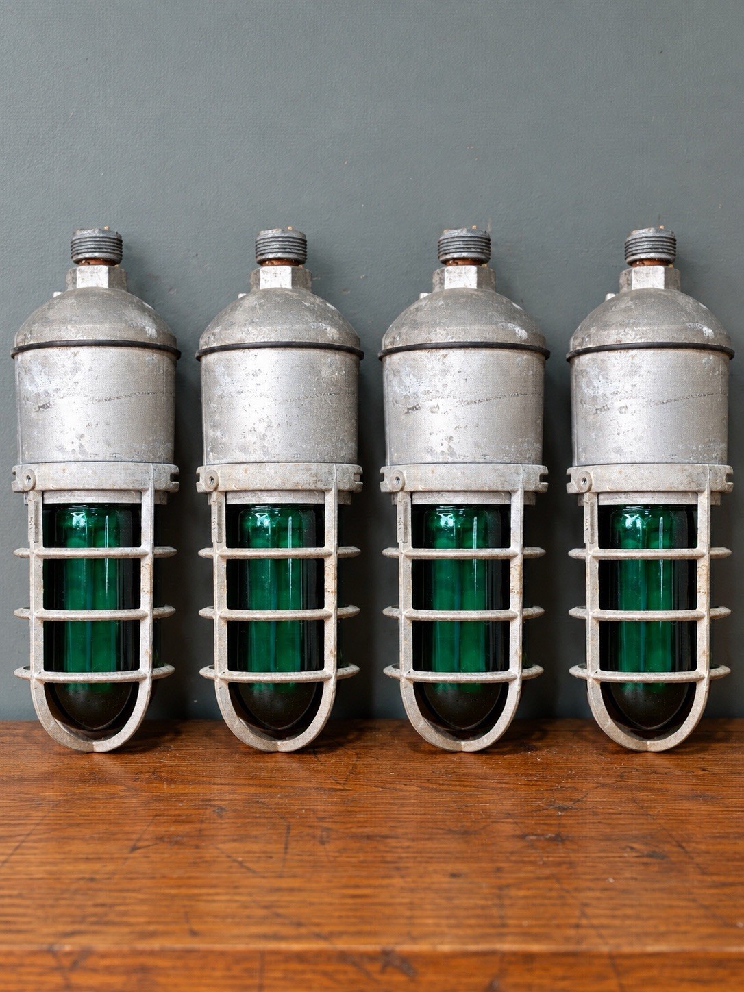 Vintage Industrial Lights Explosion Proof Green Glass Lens Globe cage Set Of 4